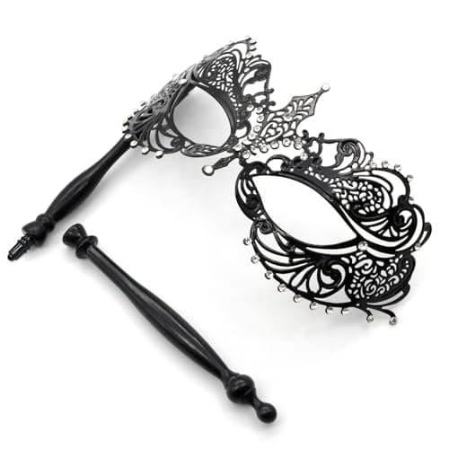 Thmyo Venetian Mardi Gras Carnival Feather Rhinestone Masquerade Mask with Stick