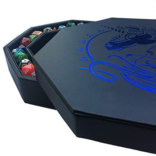 Blue Octagonal Dice Tray with Lid and Staging Area - Holds 5 Sets of RPG Dice