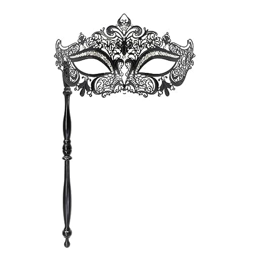 Thmyo Venetian Mardi Gras Carnival Feather Rhinestone Masquerade Mask with Stick