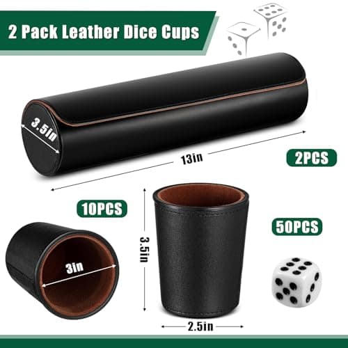 Liliful 2 Set of Leather Dice Cups with 50 Dice and 2 Storage Cases - Perfect Gift for Liars Dice Game, Craps, Backgammon Parties (Black)