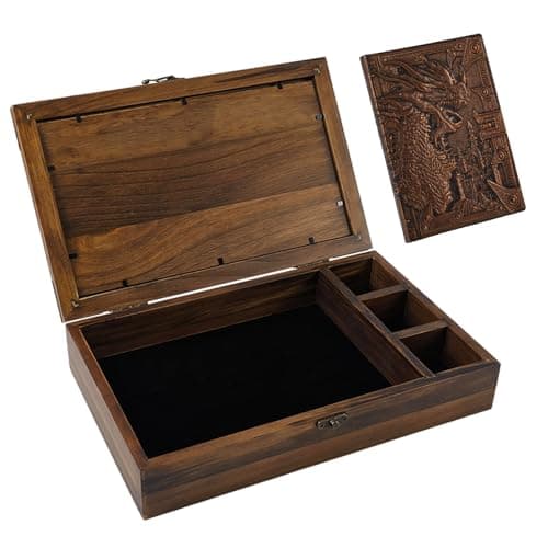 2-in-1 Metal DND Dice Tray & Organizer with Flame Wood Box & Notebook