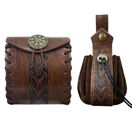 Brown Medieval Faux Leather Belt Bag with Drawstring Pouch for LARP