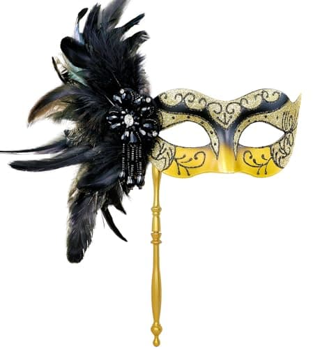 MYSEUNI Women's Shiny Feather Mardi Gras Mask with Stick