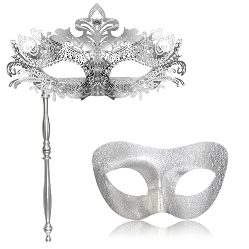FunMular Couple Venetian Mask with Stick for Halloween Mardi Gras