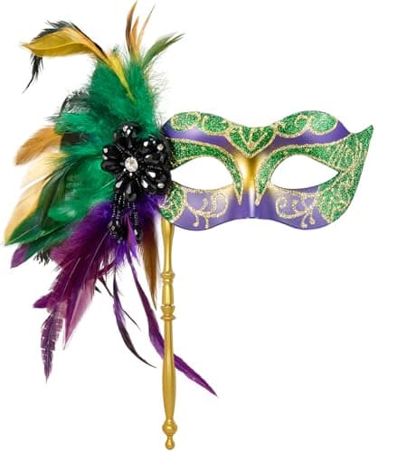 MYSEUNI Women's Shiny Feather Mardi Gras Mask with Stick