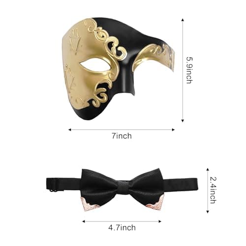 Yookat Half Face Masquerade Mask and Bow Tie for Mardi Gras, Carnival, Halloween