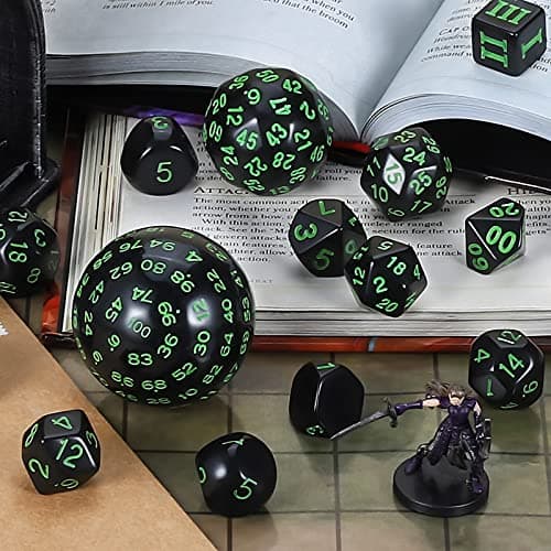 CiaraQ DND Polyhedral Dice Set (15pcs) with Bag for Dungeons & Dragons Games (Black & Green)