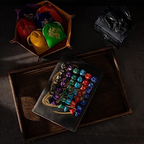 6 Sets Polyhedral Dice for D&D & RPG Games with Free Draws String Bags & PU Leather Tray (Brown)