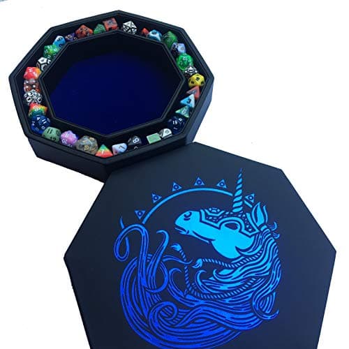 Blue Octagonal Dice Tray with Lid and Staging Area - Holds 5 Sets of RPG Dice