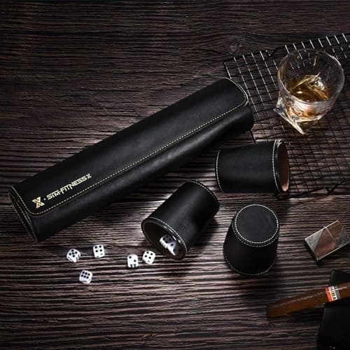 2 Black Leather Dice Cups Set + 50 Dice + Exclusive Faux Leather Case