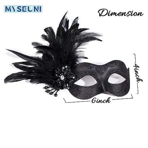 MYSEUNI Women's 2025 Black Masquerade Mask with Feathers for Special Occasions