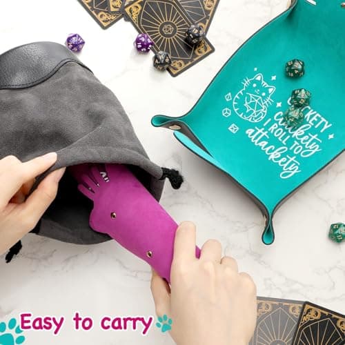2Pcs Cat Dice Tray & Holder: Portable Leather Folding Storage, Decorative Desk Organizer, DND Gift