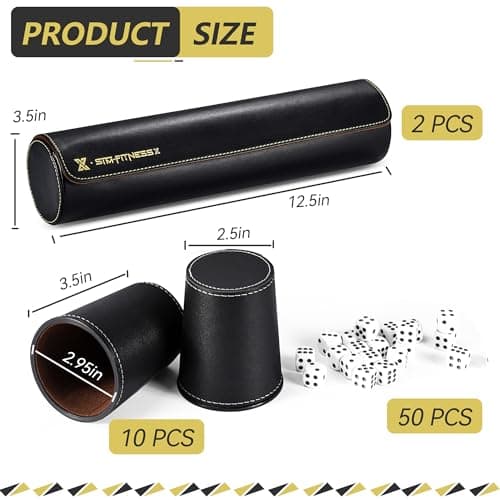 2 Black Leather Dice Cups Set + 50 Dice + Exclusive Faux Leather Case