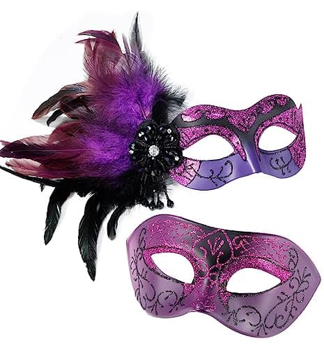 Couple Masquerade Mask - Feathered Purple Mask for Masquerade, Mardi Gras, Halloween Cosplay Prom, Christmas