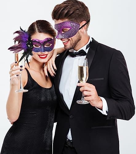 Couple Masquerade Mask - Feathered Purple Mask for Masquerade, Mardi Gras, Halloween Cosplay Prom, Christmas