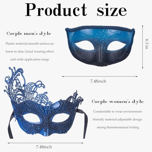 Zinniday 2-Pcs Venetian Lace Masquerade Mask Set for Couple