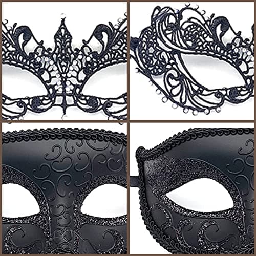 Vtrem Black Mardi Gras Masquerade Mask Set for Couples