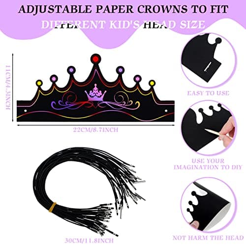 Yinder 80 Pcs Rainbow Scratch Paper Crowns for Kids & Adults Elastic Bands Stickers