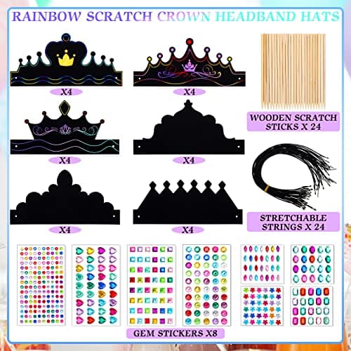 Yinder 80 Pcs Rainbow Scratch Paper Crowns for Kids & Adults Elastic Bands Stickers