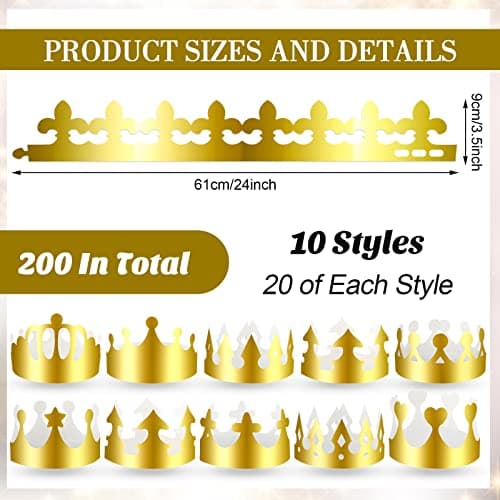 200 Pcs Golden Paper Crowns Bulk for Birthday Celebration Party Supplies
