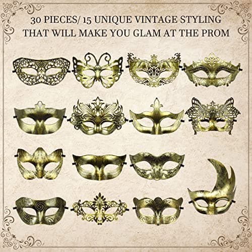 Yunsailing 30 Piece Masquerade Mask Set for Mardi Gras & Halloween Parties