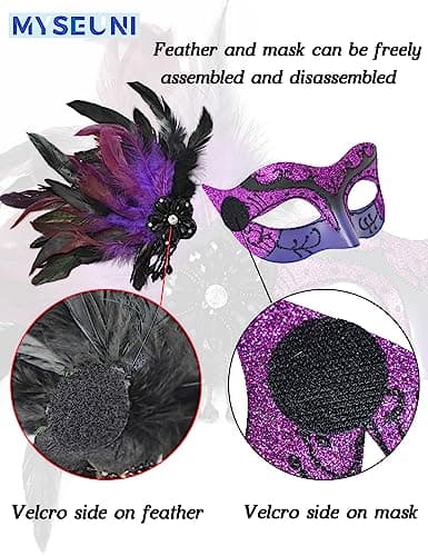 Couple Masquerade Mask - Feathered Purple Mask for Masquerade, Mardi Gras, Halloween Cosplay Prom, Christmas