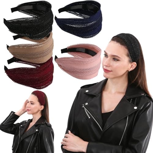 LONELY 5 Pack Mix Color Glitter Headbands for Women Velvet Hair Band with Teeth