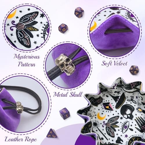 2-in-1 DND Dice Bag and Rolling Tray, Purple Velvet Drawstring with 7 Polyhedral Dice
