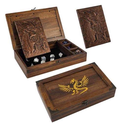 2-in-1 Metal DND Dice Tray & Organizer with Flame Wood Box & Notebook