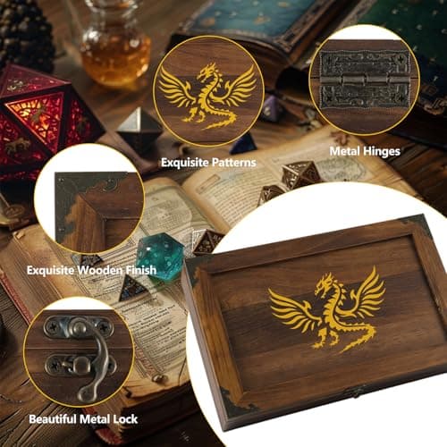 2-in-1 Metal DND Dice Tray & Organizer with Flame Wood Box & Notebook