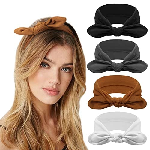 DRESHOW 4 Pack Bow Knotted Headbands for Women Running Sport Elastic Hair Wrap