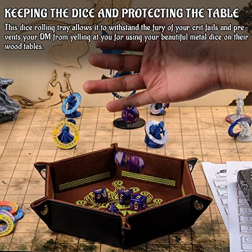 PU Leather Hexagon Dice Tray with Beholder Print - Portable & Foldable Mat for D&D