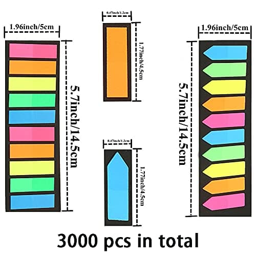 Neon Colored 3000 Piece Index Tabs, Fluorescent Stickers for Books (12 Sets, 2 Designs)