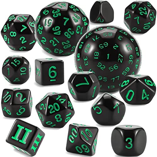 CiaraQ DND Polyhedral Dice Set (15pcs) with Bag for Dungeons & Dragons Games (Black & Green)
