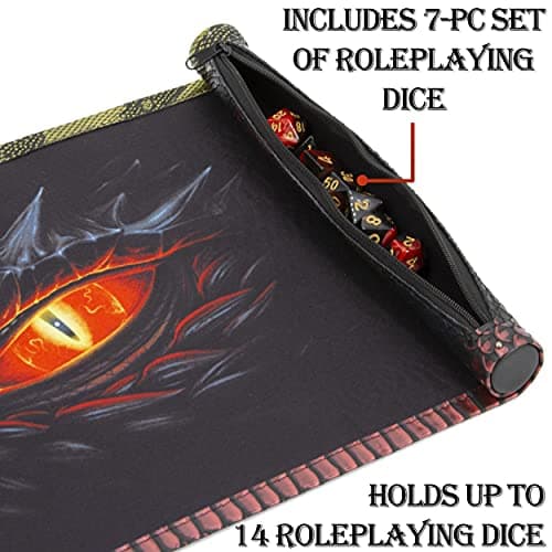 CASEMATIX Dice Rolling Tray & Mat with 7 DND Dice - Travel Holder for Up to 14 Dice