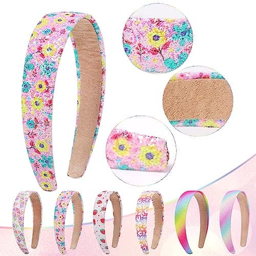 Sparkly Flower Sequin Headbands for Girls, Kids, and Teens, 3 CM Wide, 6 Pack