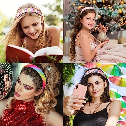Sparkly Flower Sequin Headbands for Girls, Kids, and Teens, 3 CM Wide, 6 Pack