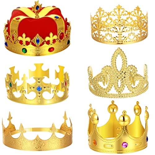 6 Pack Royal Gold Crowns King and Queen Costume Accessories for Men and Kids