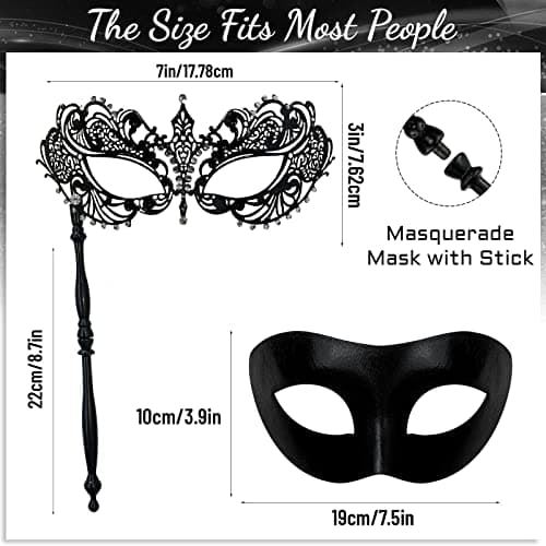 IncreDecor Couple Venetian Metal Masquerade Mask with Stick Halloween Costume