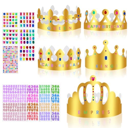 5pcs Gold Paper Crowns with Gem Stickers Alphabet Numbers Party Hats
