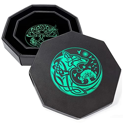 Exquisitely Detailed Green World Tree & Triquetra 8" DND Dice Tray - Premium Roll & Storage