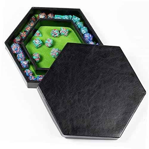 DND Dice Tray - Hexagonal Rolling & Storage, Faux Leather, Green, Compatible with D&D, MTG