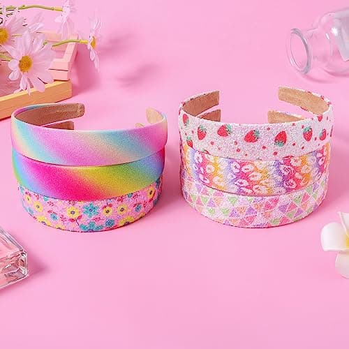 Sparkly Flower Sequin Headbands for Girls, Kids, and Teens, 3 CM Wide, 6 Pack