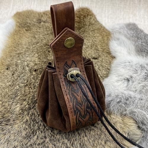 Brown Medieval Faux Leather Belt Bag with Drawstring Pouch for LARP