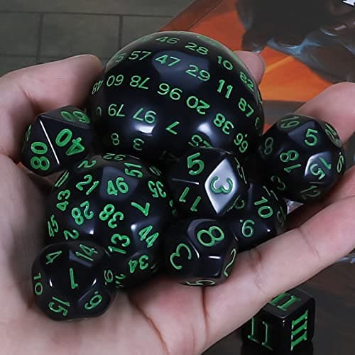 CiaraQ DND Polyhedral Dice Set (15pcs) with Bag for Dungeons & Dragons Games (Black & Green)
