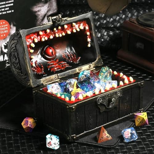 Large DNDND Mimic Chest Dice Storage Box for 6 Sets of Polyhedral Dice - Great Gift for D&D Players and DM Masters