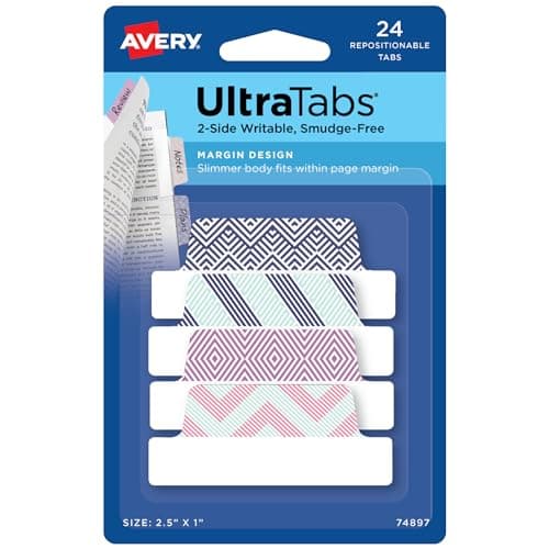 Avery Margin Ultra Tabs, 24 Assorted Pastel 2.5" x 1" Writable Page Markers