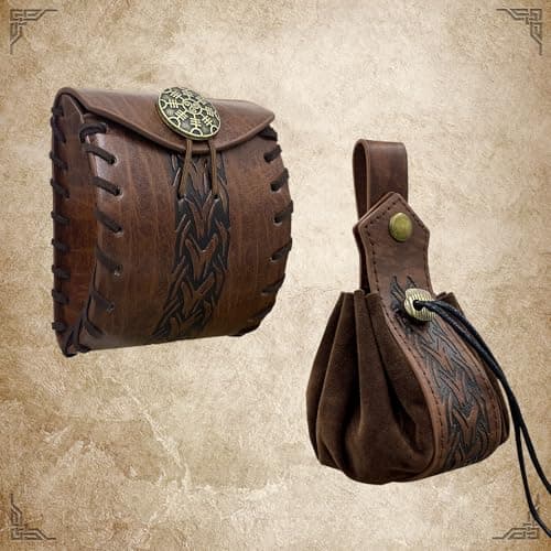 Brown Medieval Faux Leather Belt Bag with Drawstring Pouch for LARP