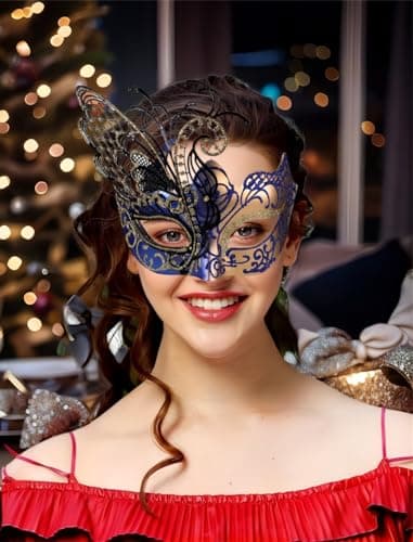 Ubauta Rhinestone Venetian Women Mask for Masquerade/Costume Ball (Gold Blue Butterfly)