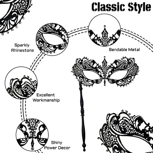IncreDecor Couple Venetian Metal Masquerade Mask with Stick Halloween Costume